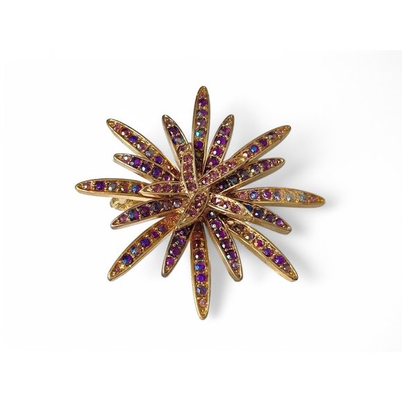 Vintage Purple Aurora Borealis Austrian Crystal Goldtone Starburst Brooch Pin. - Picture 4 of 5